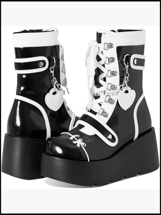 Shoes - Chunky High Heel Lace Up Punk Motorcycle Combat Boots with Chain